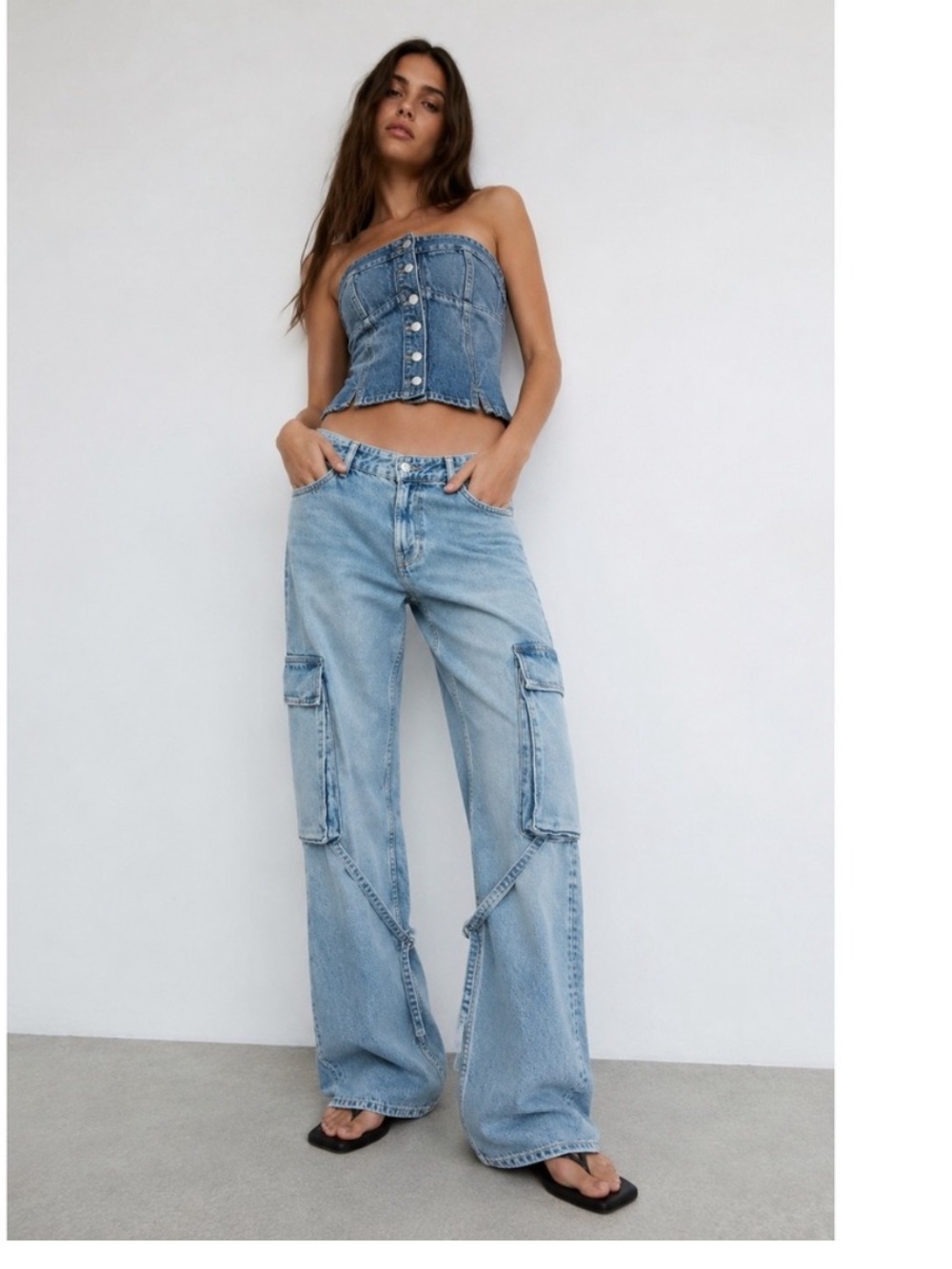 Zara Light Wash Y2K Wide Leg Cargo Jeans Utility Strap Blue Size 6